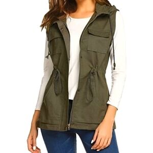 Love Tree Utility Vest Hood  Sleeveless Zip-Up Snap Pockets Drawstring Waist